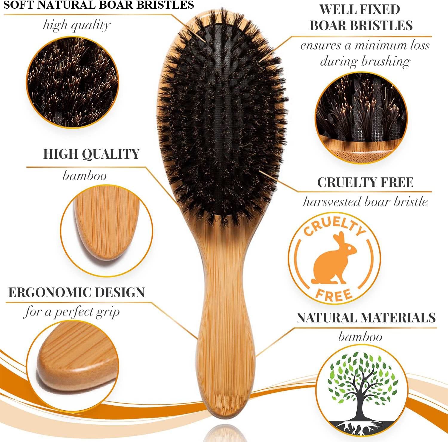 Belula 100% Boar Bristle Hairbrush Set. Soft Natural Bristles for Thin and Fine Hair. Restore Shine And Texture. Wooden Comb, Travel Bag and Spa Headband Included!