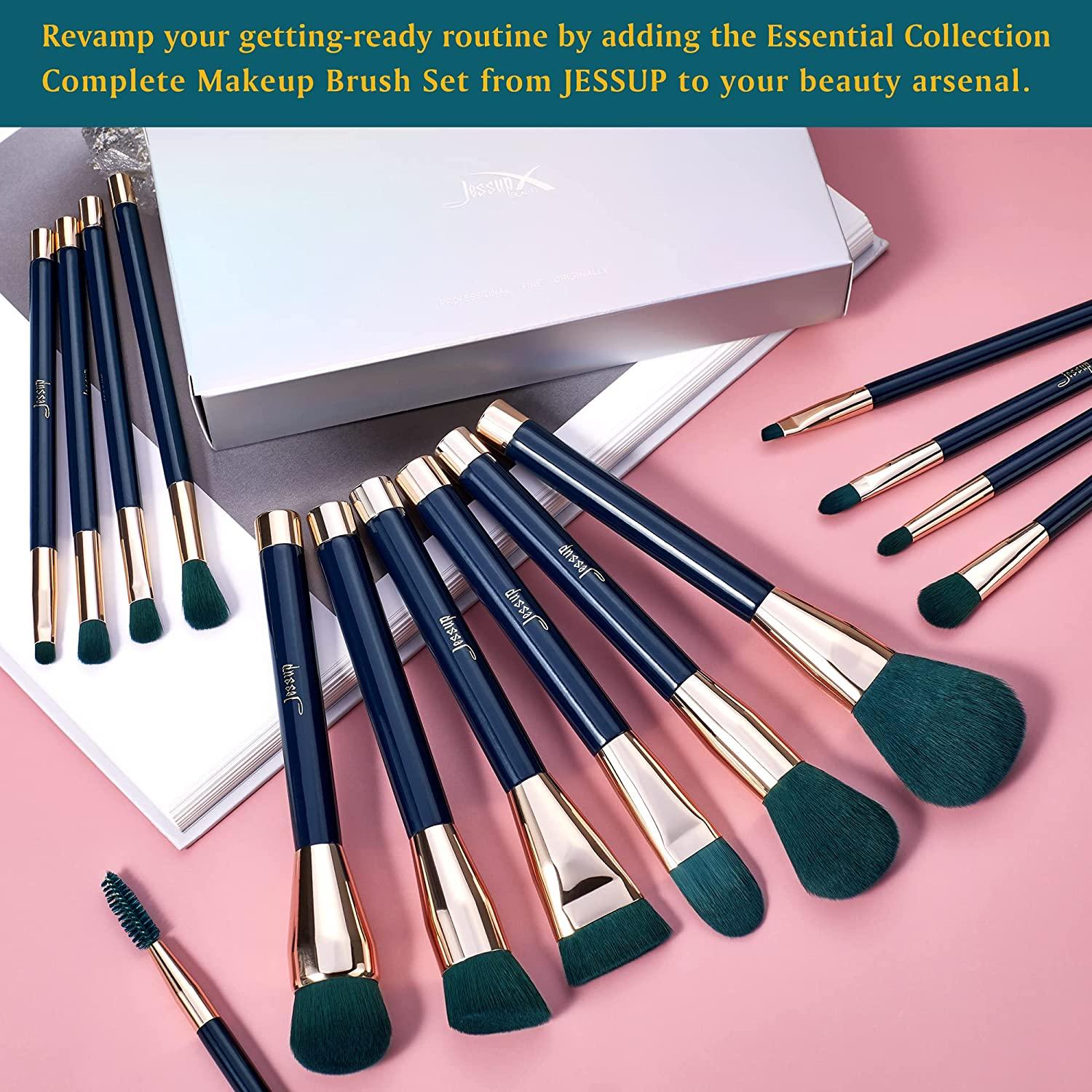 Jessup 15pcs Makeup Brushes Set Powder Foundation Eyeshadow Eyeliner Lip Contour Concealer Smudge Brush Tool Blue/Darkgreen T113