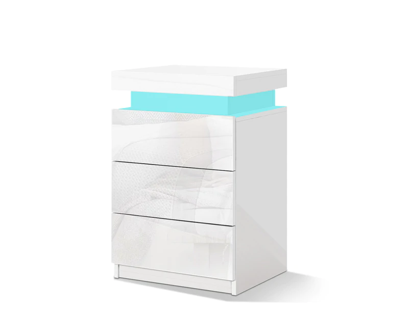 ALFORDSON LED Bedside Table with 3 Drawers – Modern White Elegance
