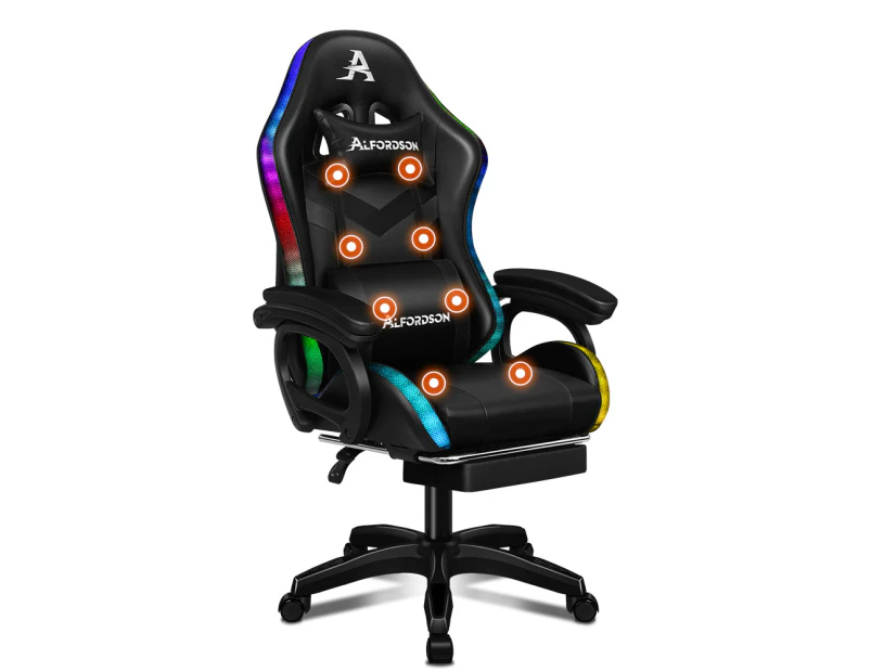 Alfordson Gaming Chair with 8-Point Massage & 12 RGB LED – Black